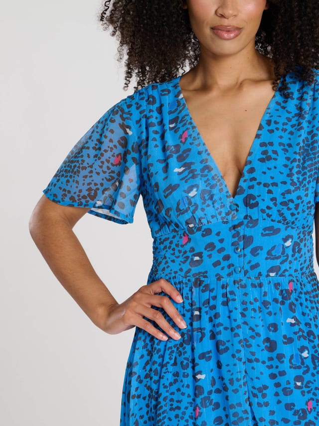 South Beach South Beach Women's Printed Metallic Chiffon Button Detail Midi Dress in Blue - 2