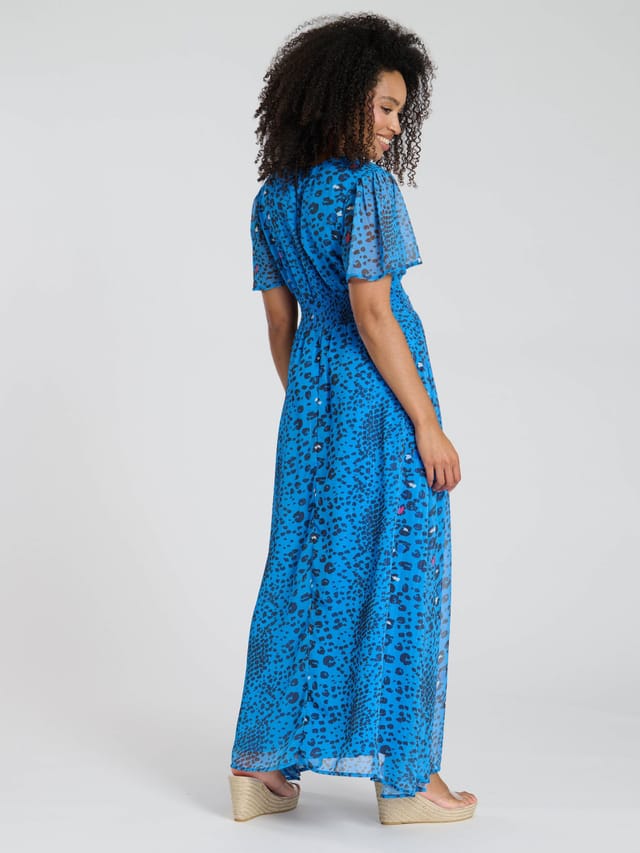 South Beach South Beach Women's Printed Metallic Chiffon Button Detail Midi Dress in Blue - 3