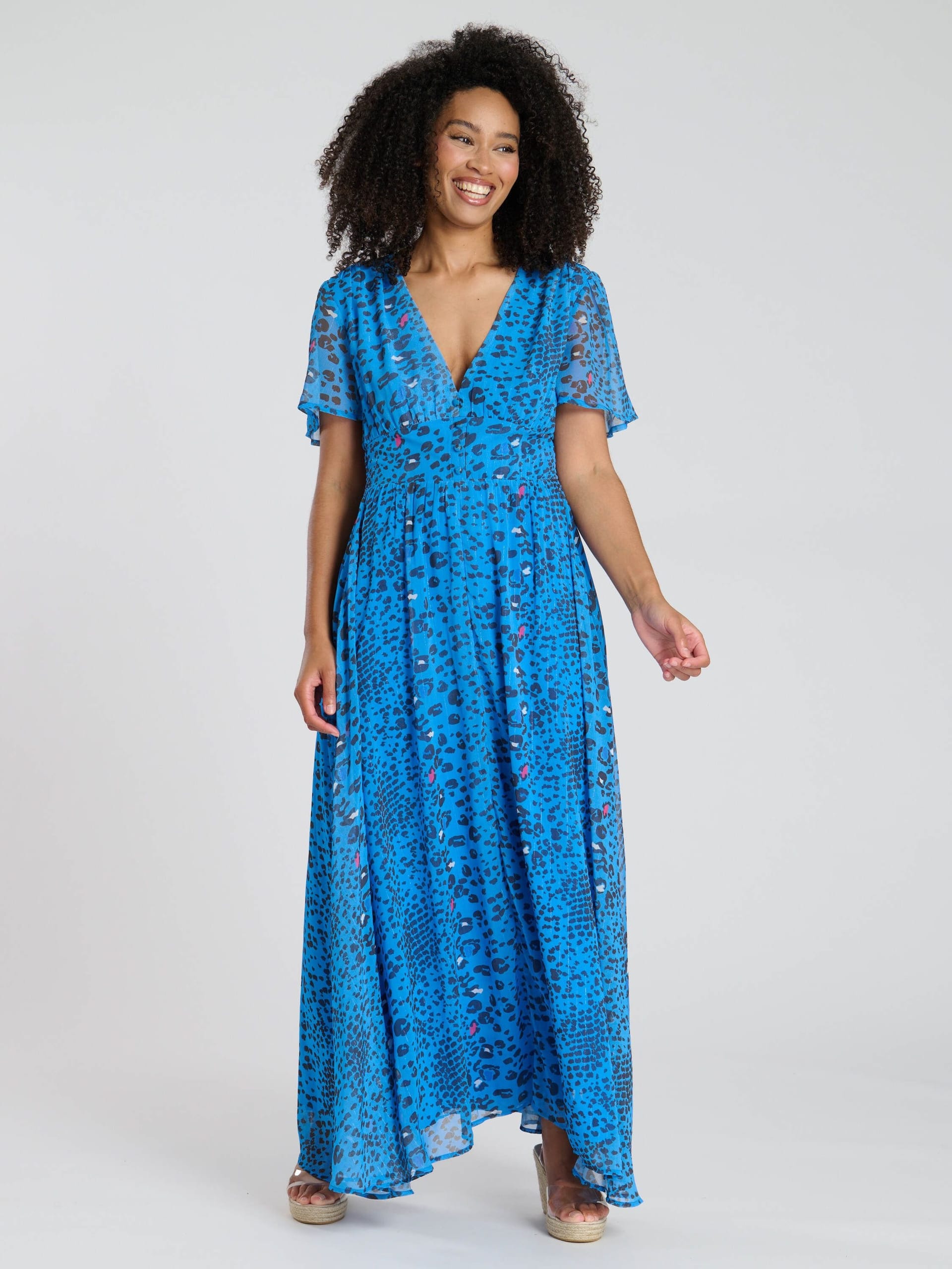 South Beach South Beach Women's Printed Metallic Chiffon Button Detail Midi Dress in Blue - 4