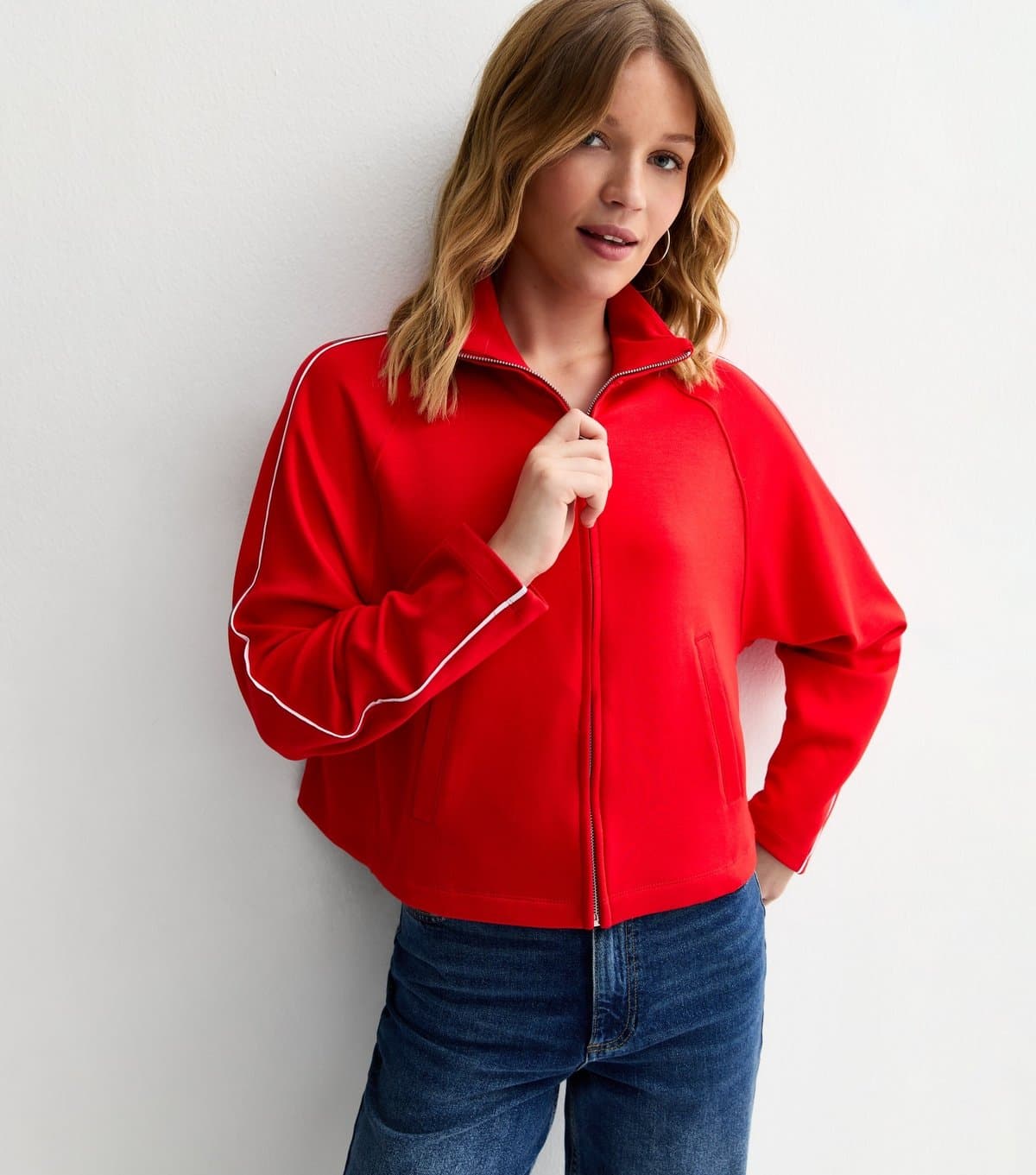 New Look Women's Premium Red Jersey Contrast Piping Zip Up Sweatshirt New Look