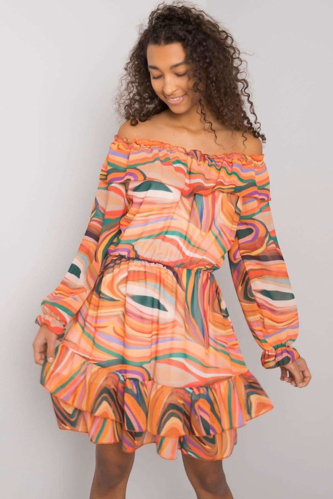 Love Lace Orange Long Sleeve Spanish Neck Frilled Hem Dress