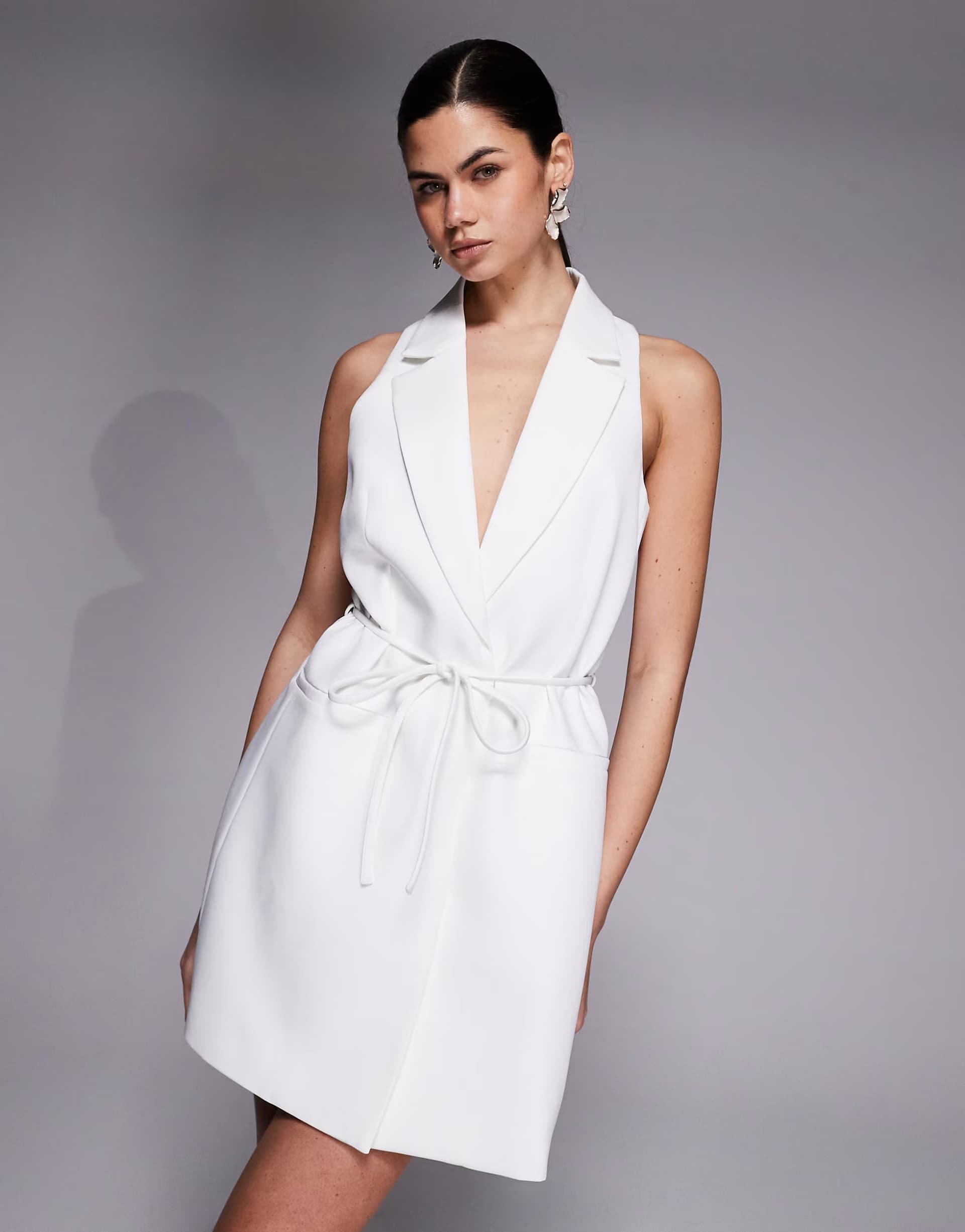 ASOS Kaiia exclusive tailored sleeveless tie waist detail mini dress in white