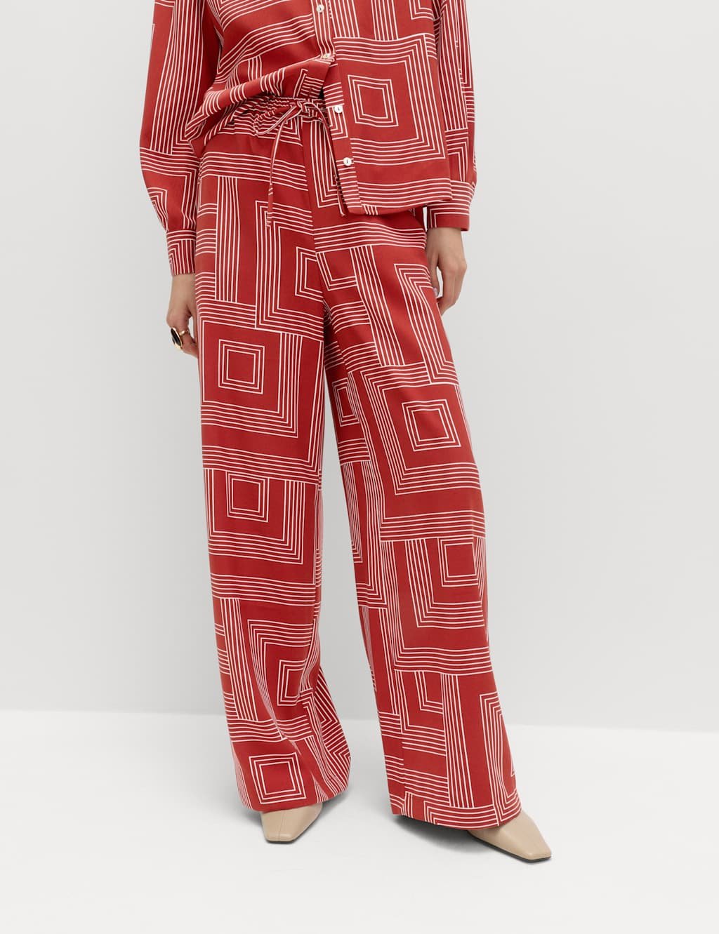 Marks & Spencer M&S Satin Twill Printed Wide Leg Trousers Dark Red Mix - 2