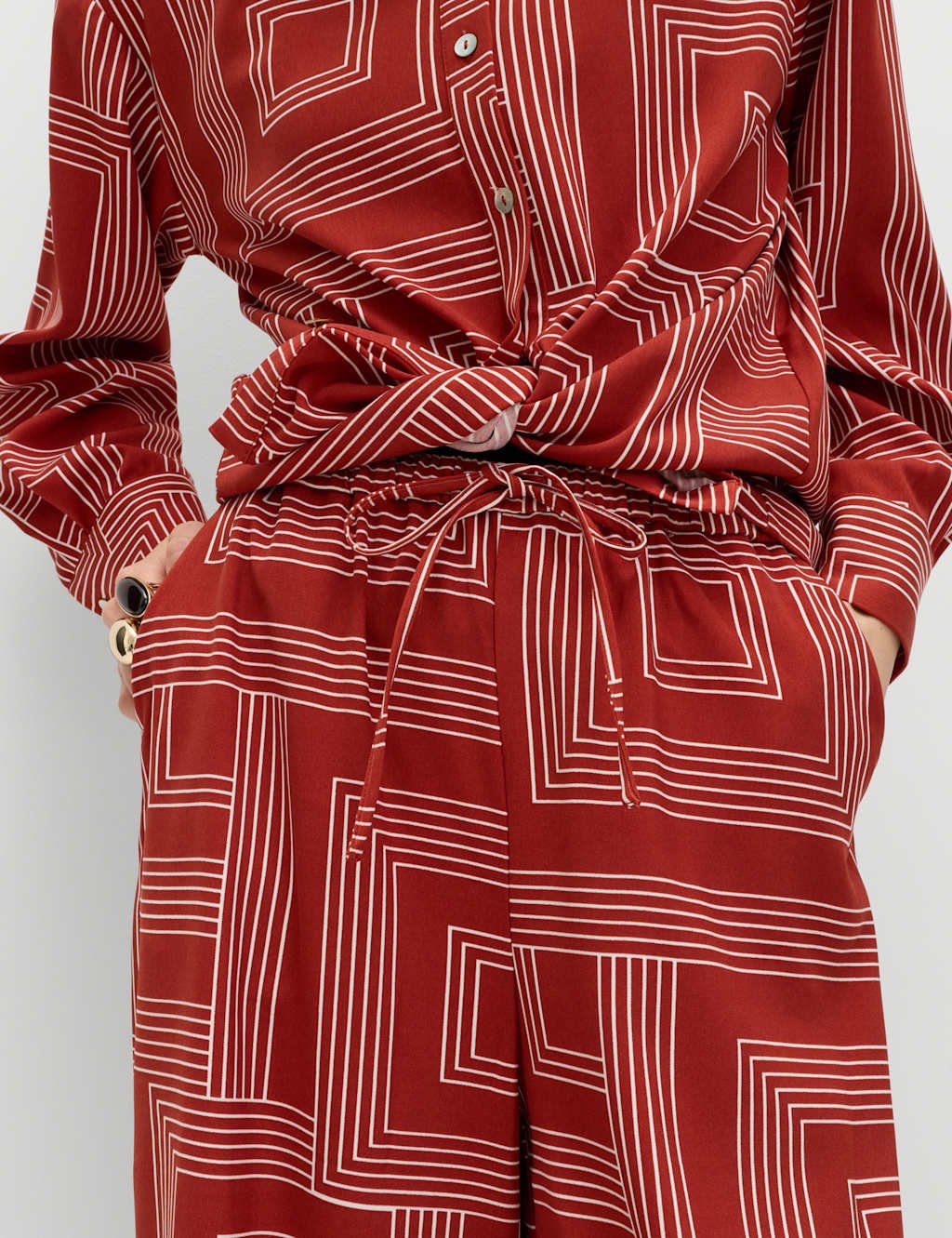 Marks & Spencer M&S Satin Twill Printed Wide Leg Trousers Dark Red Mix - 4