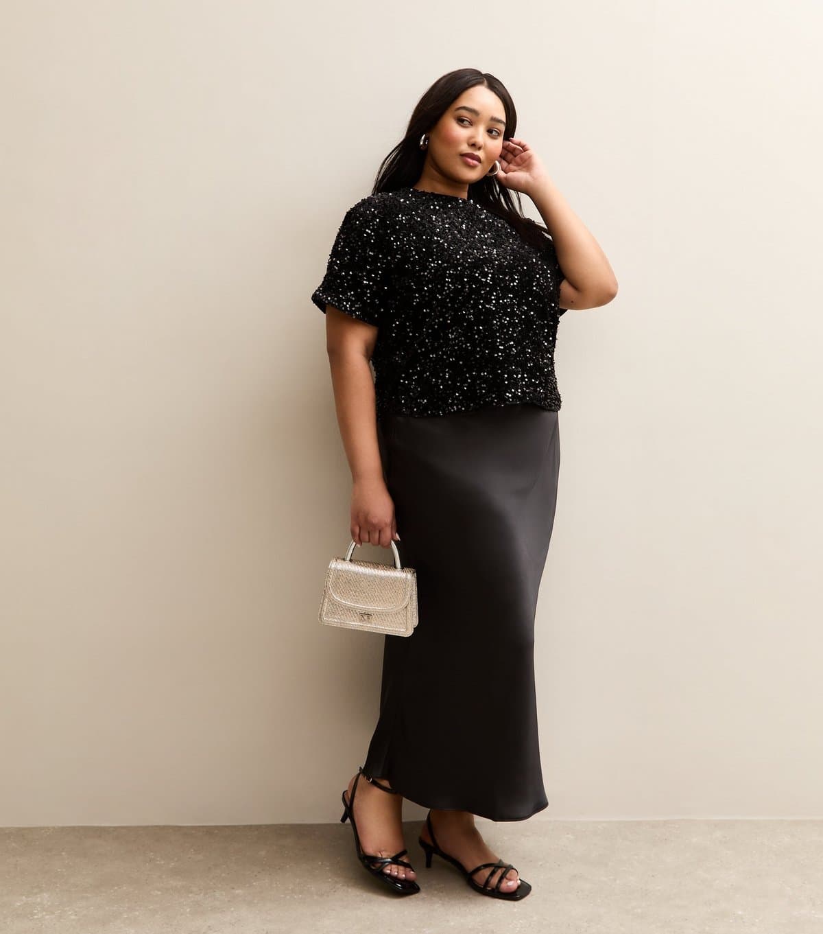 New Look Women's Plus Size Black Satin Midi Skirt Curves New Look