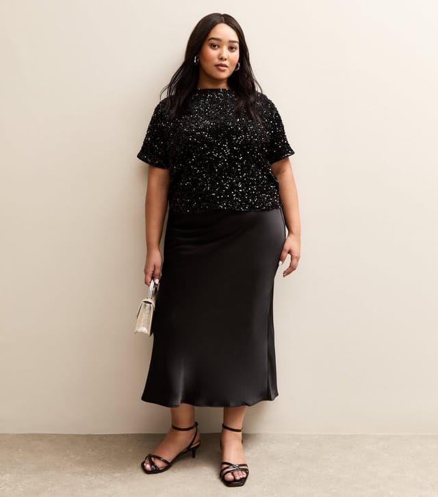 New Look Women's Plus Size Black Satin Midi Skirt Curves New Look - 3