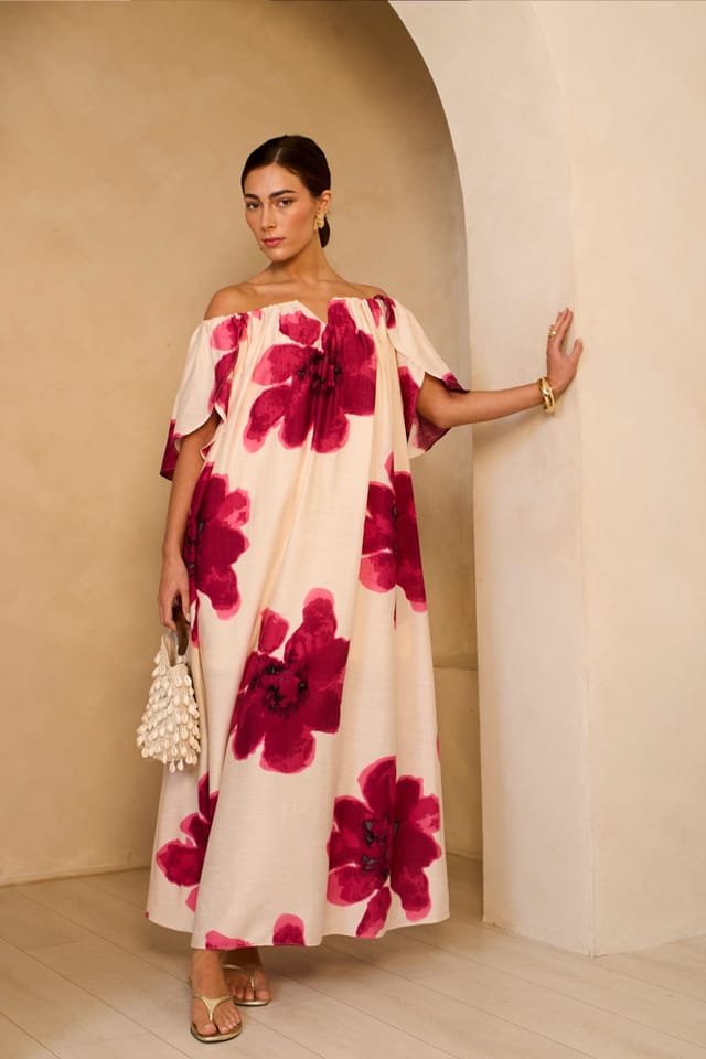 Gini London Gini London Women's Pink Bardot Trapeze Maxi Dress in Cream - 3