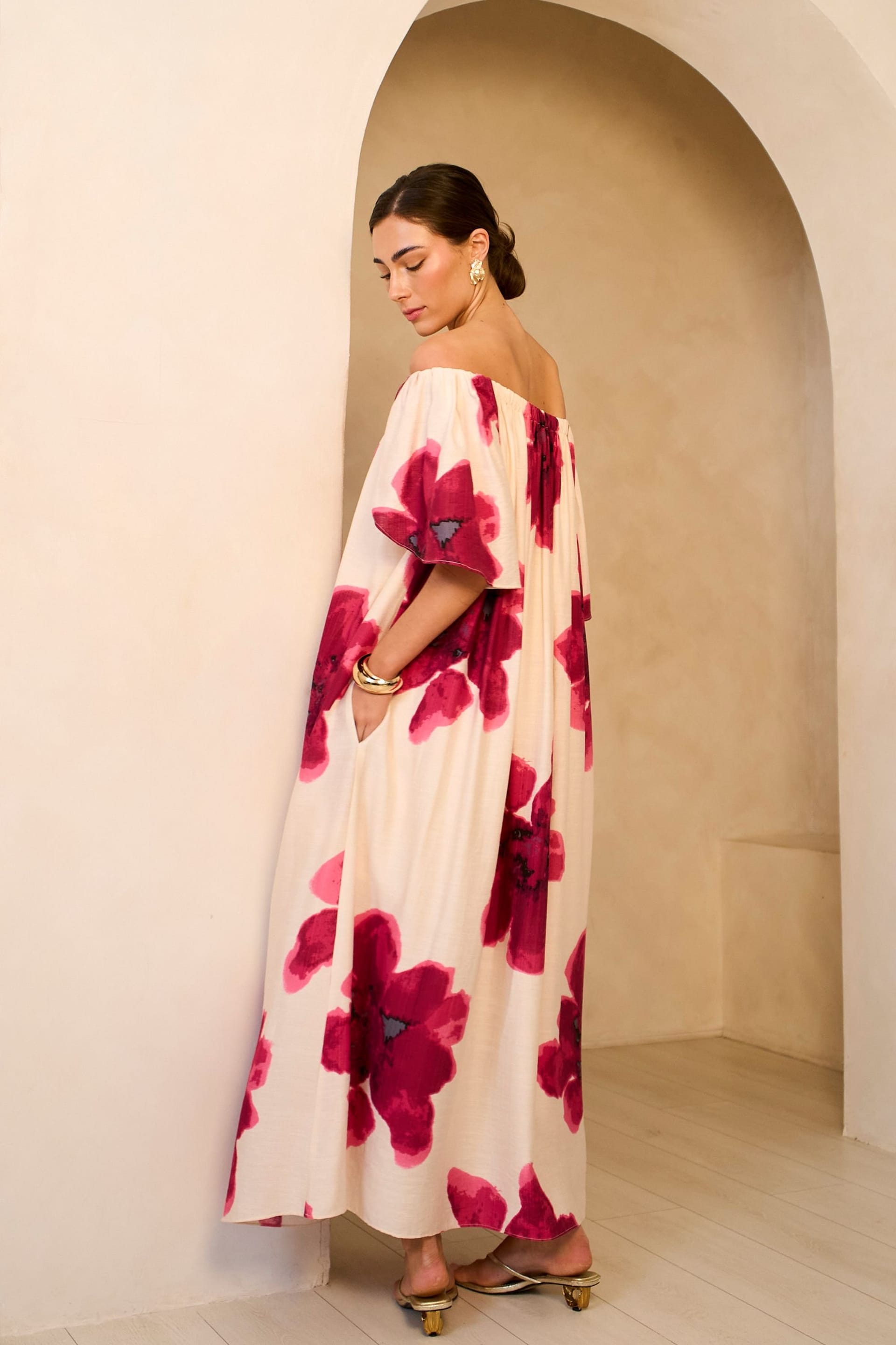 Gini London Gini London Women's Pink Bardot Trapeze Maxi Dress in Cream - 4