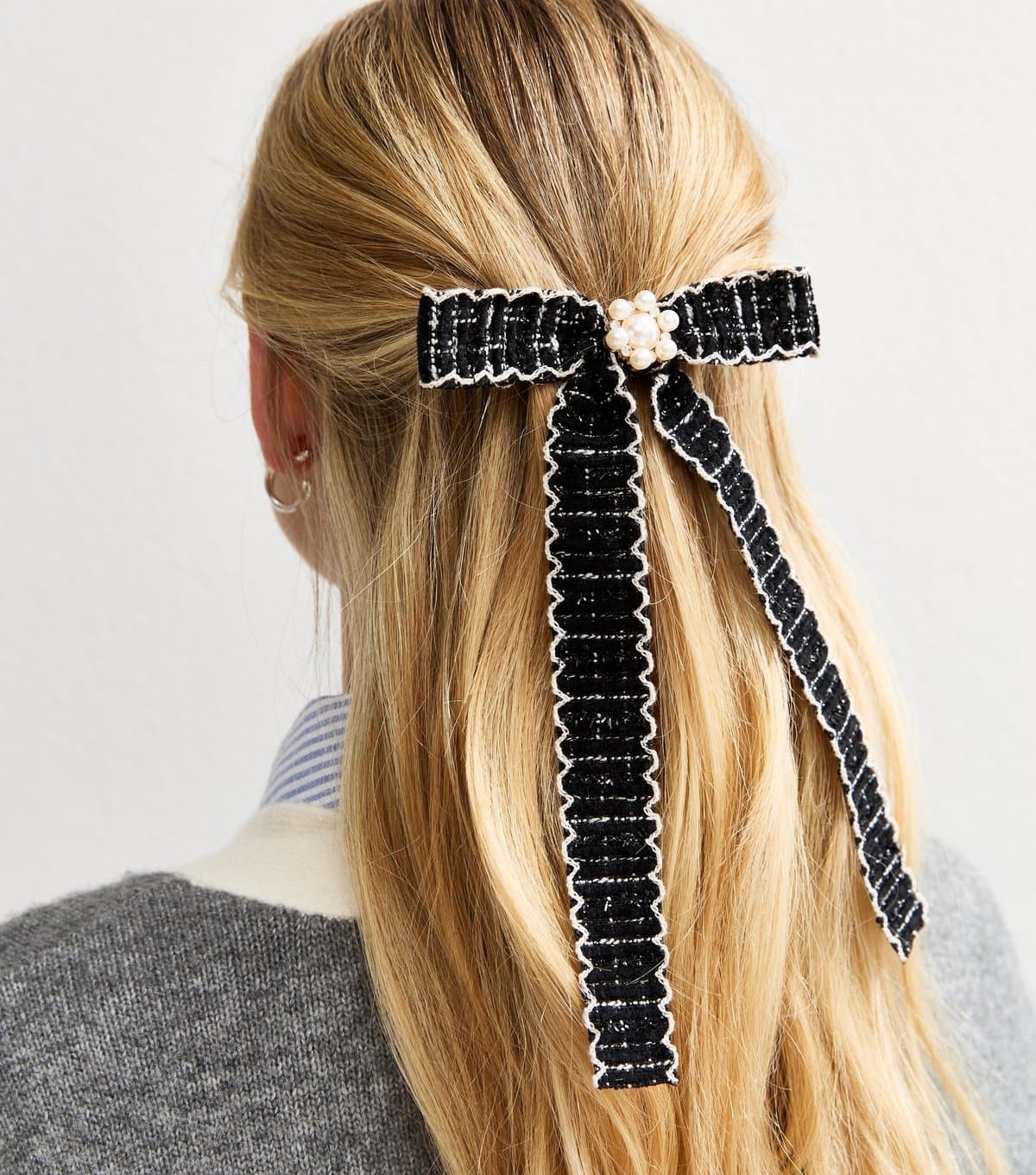 New Look Black Boucle Knit Faux Pearl Bow Barette Hair Clip New Look