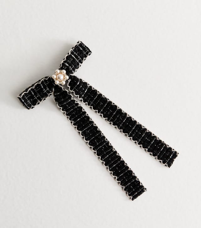 New Look Black Boucle Knit Faux Pearl Bow Barette Hair Clip New Look - 2
