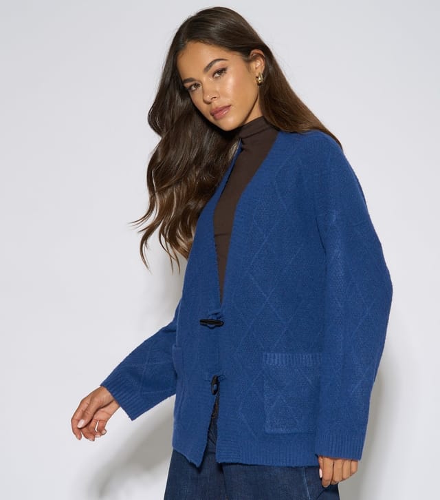 Gini London Women's Blue Diamond Pattern Button Front Cardigan Gini London New Look - 3