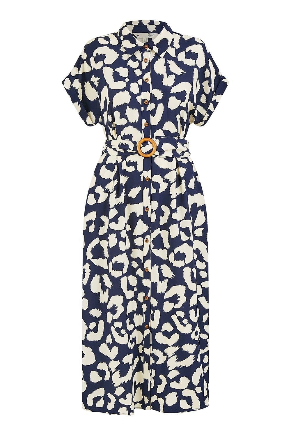 Yumi Yumi Women's Navy Abstract Animal Print Relaxed Midi Shirt Dress With Belt - 4