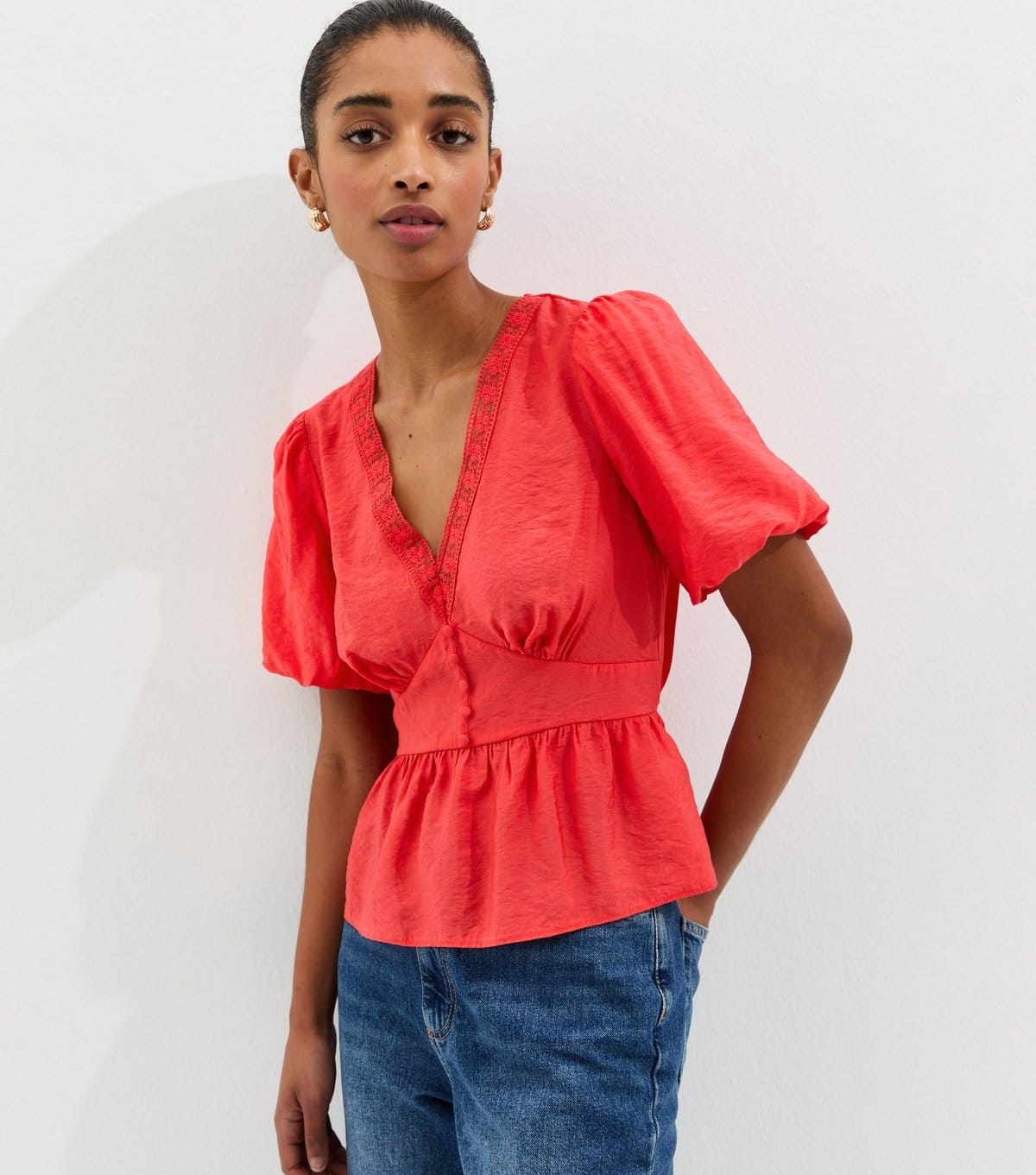 New Look Women's Coral Lace Trim Button up Tea Blouse New Look - 1