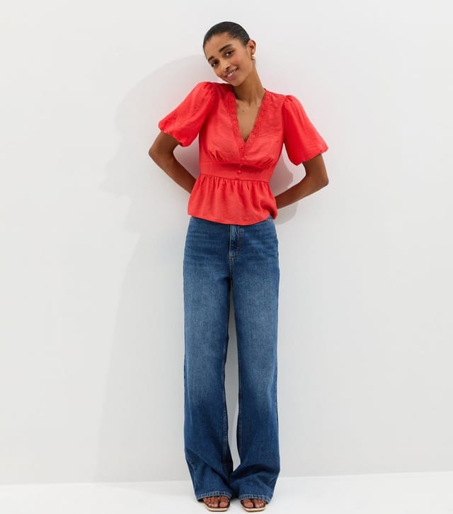 New Look Women's Coral Lace Trim Button up Tea Blouse New Look - 3
