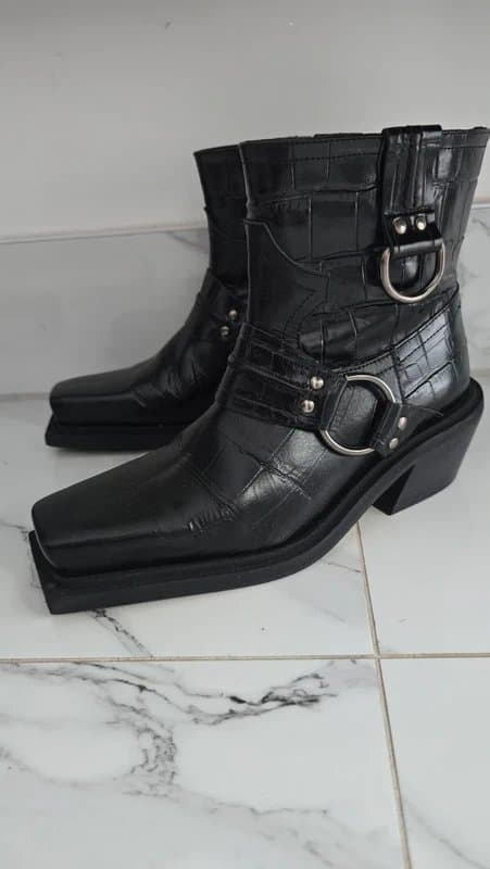 Topshop Y2K Grunge Topshop Harness Boots Croc Embossed Leather Square Toe Moto UK 5 eur 38