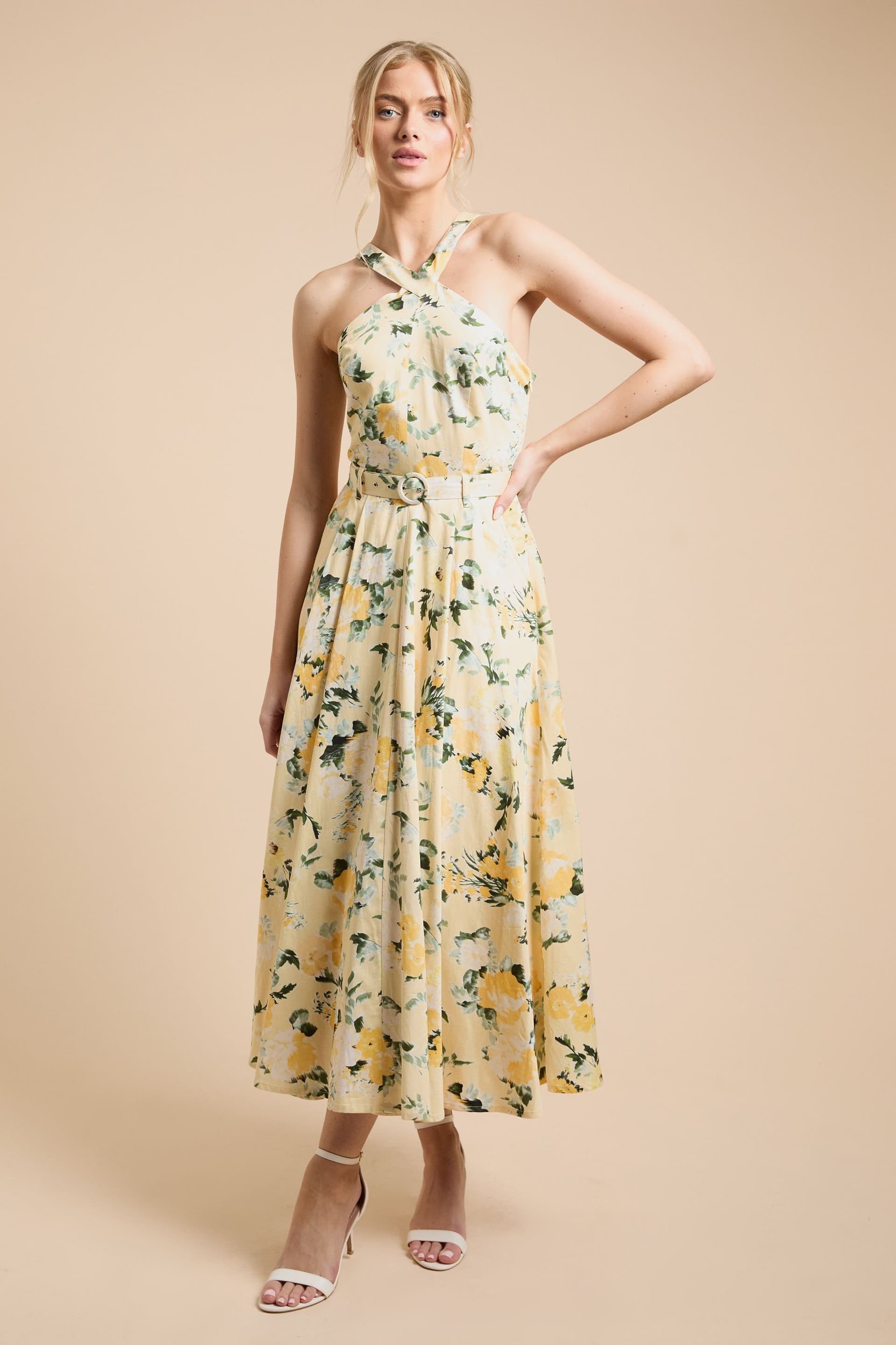 Oasis Oasis Women's Lemon Floral Halter Cotton Poplin Midi Dress