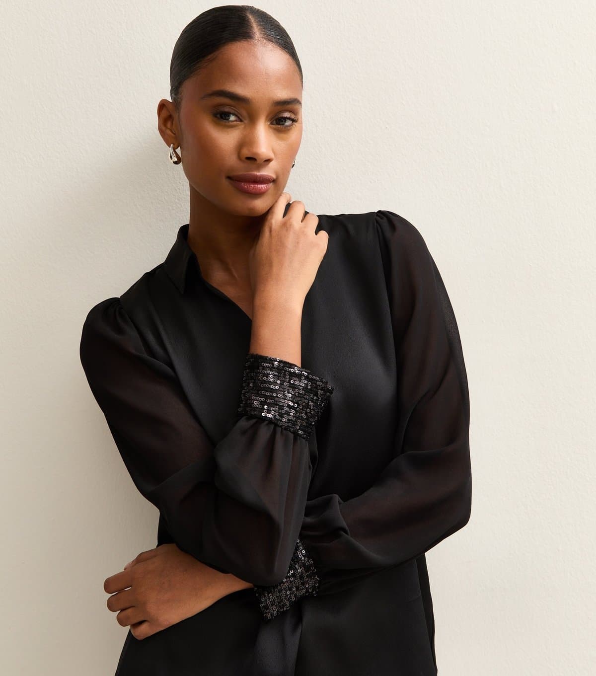 New Look New Look Black Satin Open Neck Long Sleeve Shirt