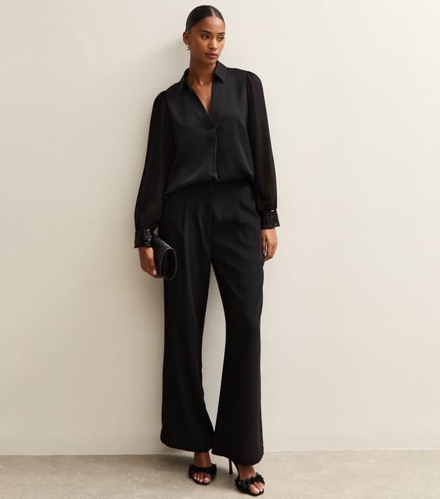 New Look Women's Black Open Neck Sequin Cuff Long Sleeve Satin Shirt New Look - 2