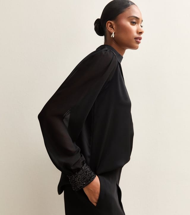 New Look Women's Black Open Neck Sequin Cuff Long Sleeve Satin Shirt New Look - 3