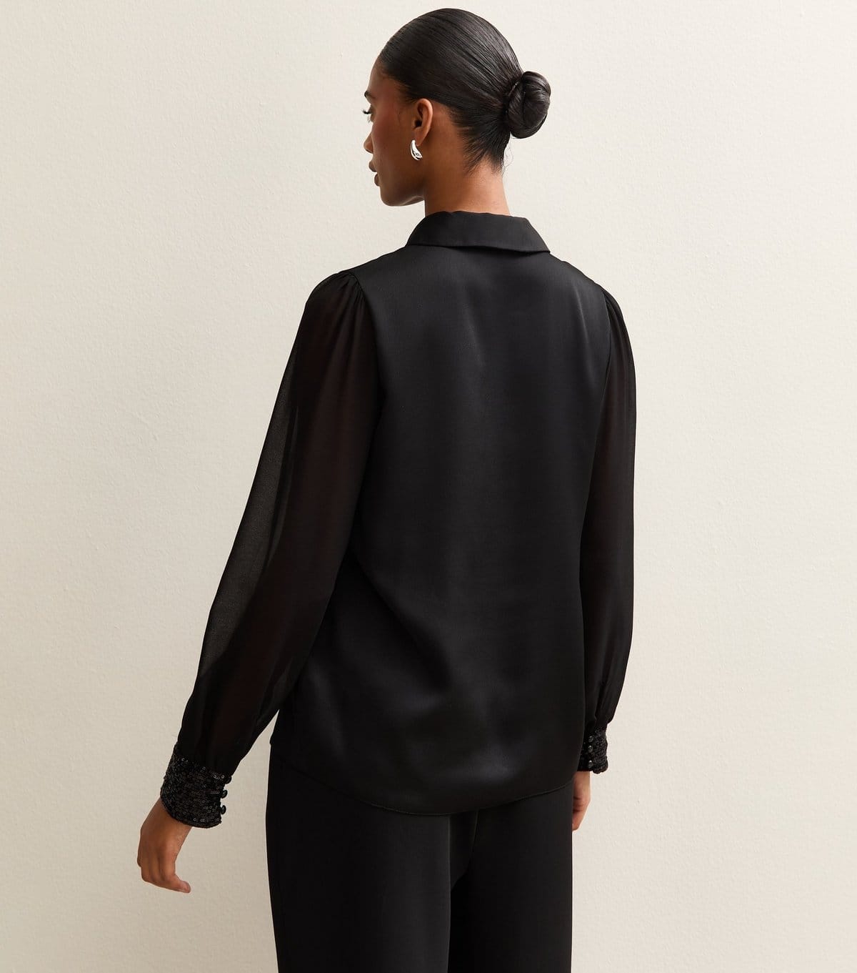 New Look Women's Black Open Neck Sequin Cuff Long Sleeve Satin Shirt New Look - 4