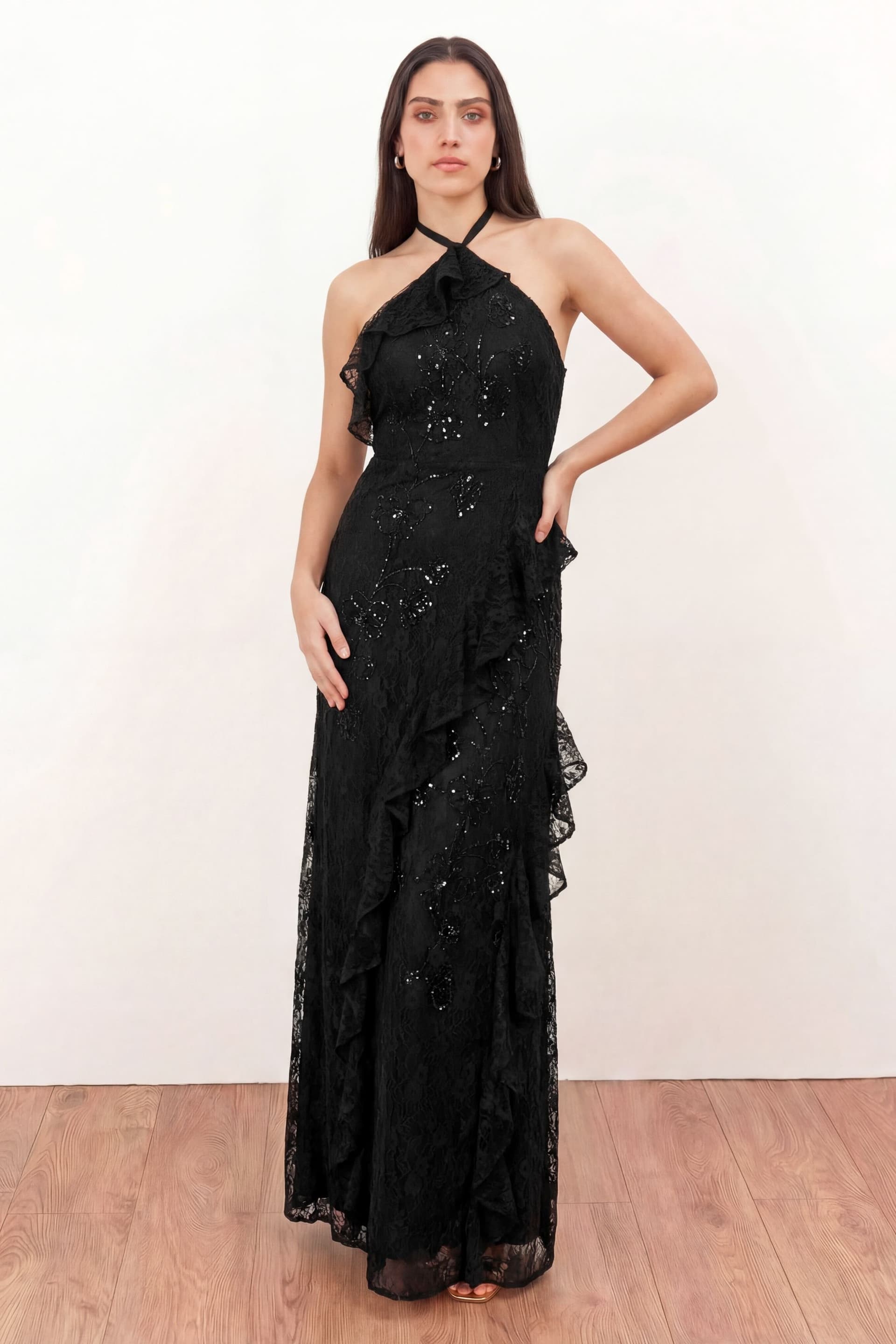 Maya Deluxe Maya Deluxe Women's Embellished Halter Neck Lace Maxi Dress in Black