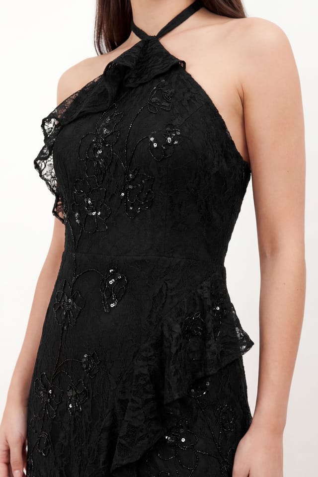 Maya Deluxe Maya Deluxe Women's Embellished Halter Neck Lace Maxi Dress in Black - 3