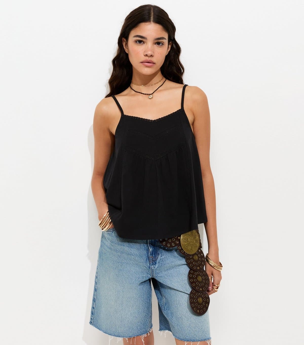 New Look New Look Black Lace Trim V-Neck Cami Top