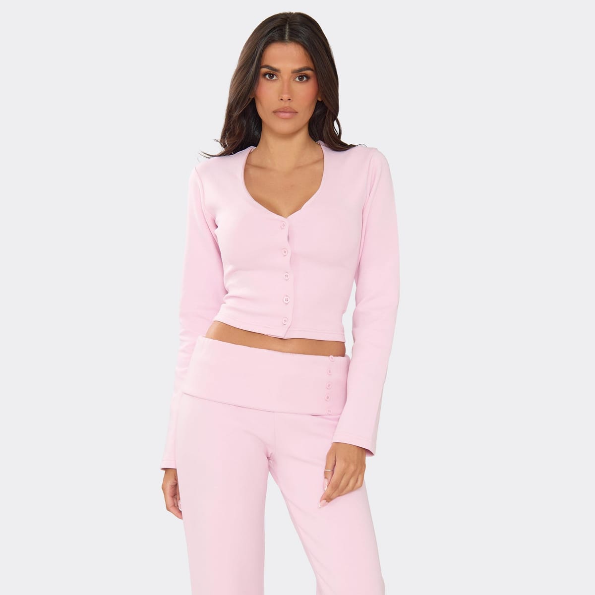 EGO Long Sleeve Button Detail Sweat Top In Pink Interlock, Women's Size UK 6 - 1