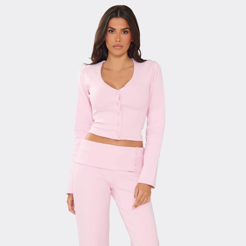 EGO Long Sleeve Button Detail Sweat Top In Pink Interlock, Women's Size UK 6 - 1