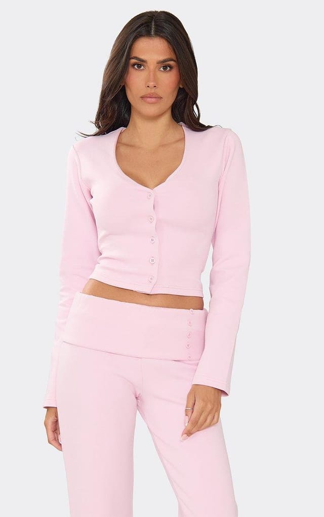 EGO Long Sleeve Button Detail Sweat Top In Pink Interlock, Women's Size UK 6 - 2