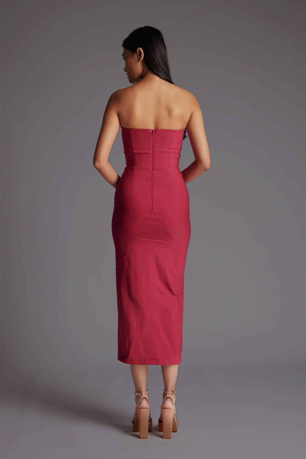 Vesper Vesper Women's Bandeau Fold Over Midaxi Dress in Raspberry - 4