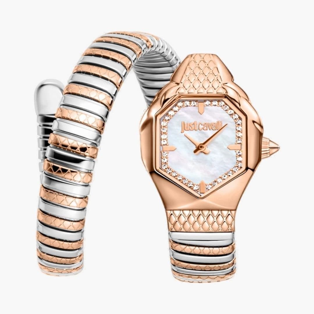 Just Cavalli Just Cavalli Women's Snake Rose Gold Color White MOP Dial Two Tone Stainless Steel Watch