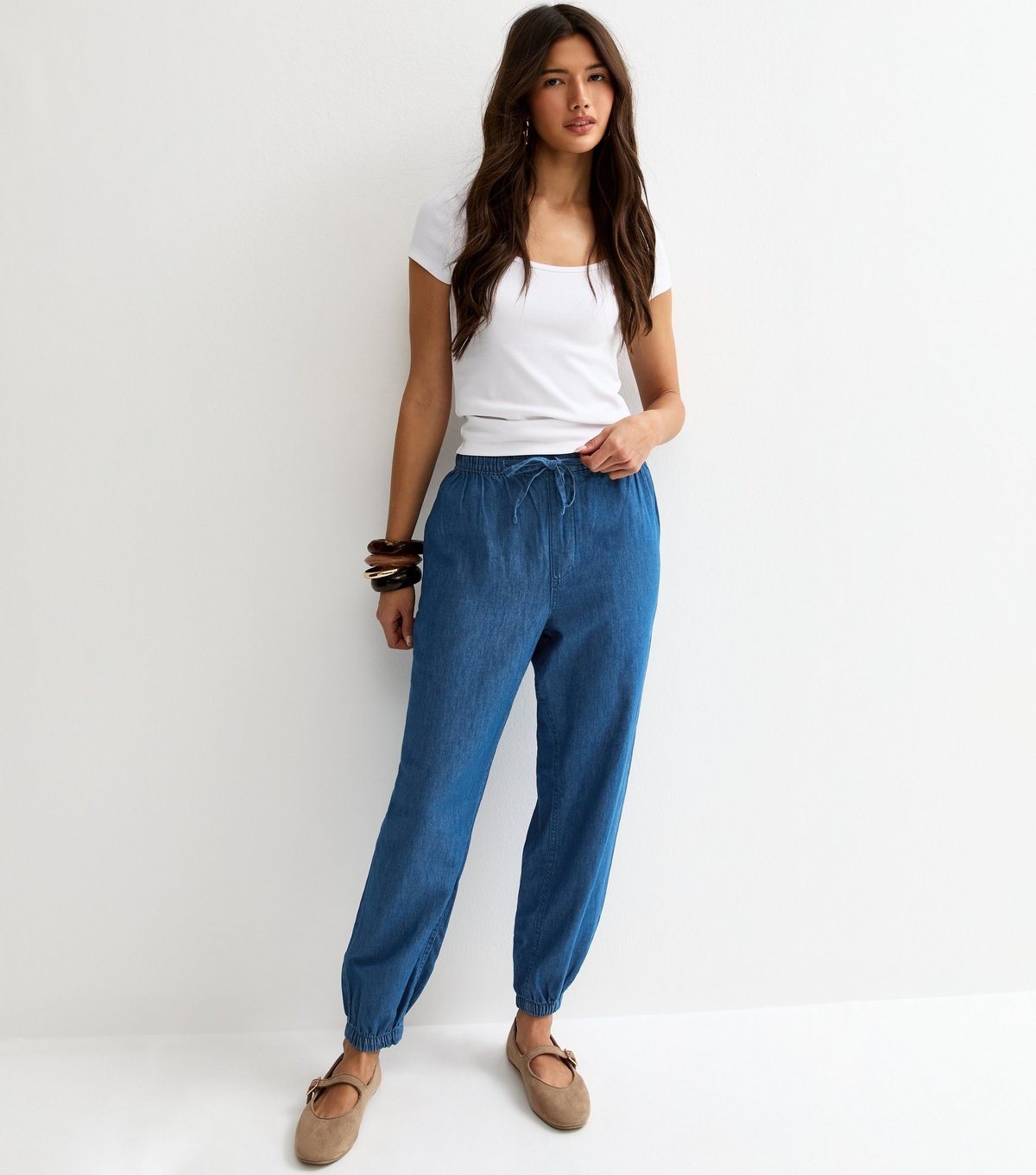 New Look Women's Blue Chambray Tapered Drawstring Trousers New Look - 1