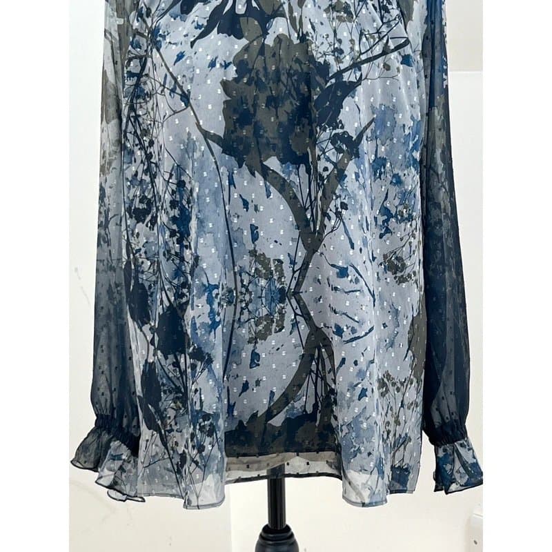 Next Next Blouse Grey Blue Floral Size 8 Chiffon Layered Top High Neck Preppy Shirt