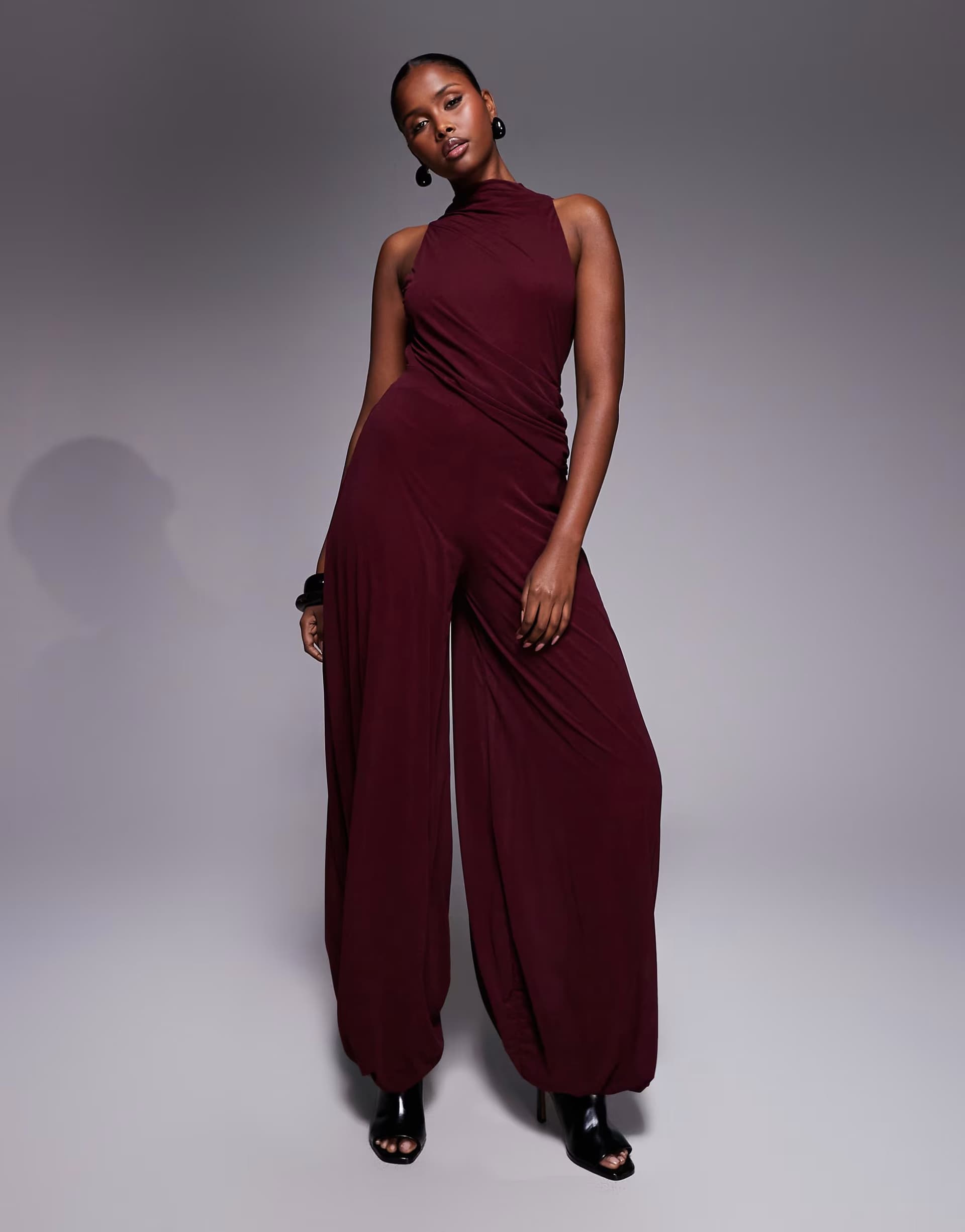 ASOS ASOS DESIGN peplum balloon trouser jumpsuit in wine
