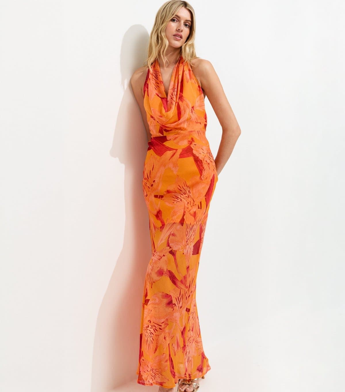 New Look Women's Tall Bright Orange Floral Halter Maxi Dress New Look