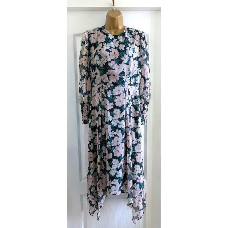 Warehouse Warehouse Rose Pink Teal Floral Chiffon Midi Asymmetric Dress Size 10 - 1
