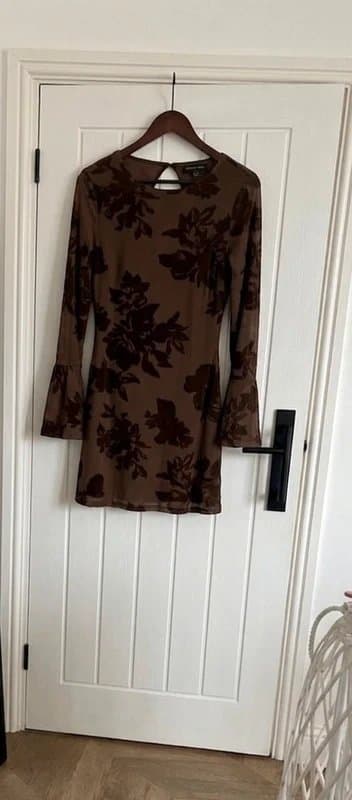 ASOS ASOS flocked floral mini dress with flute sleeves in brown