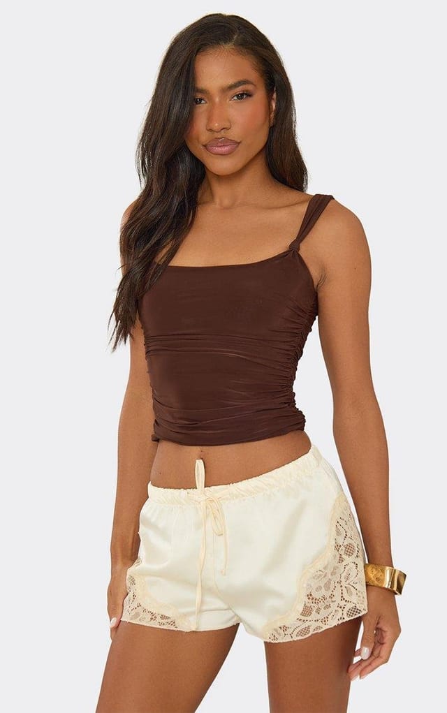 EGO Mid Rise Tie Waist Lace Trim Shorts In Cream Satin, Women's Size UK 6 - 2