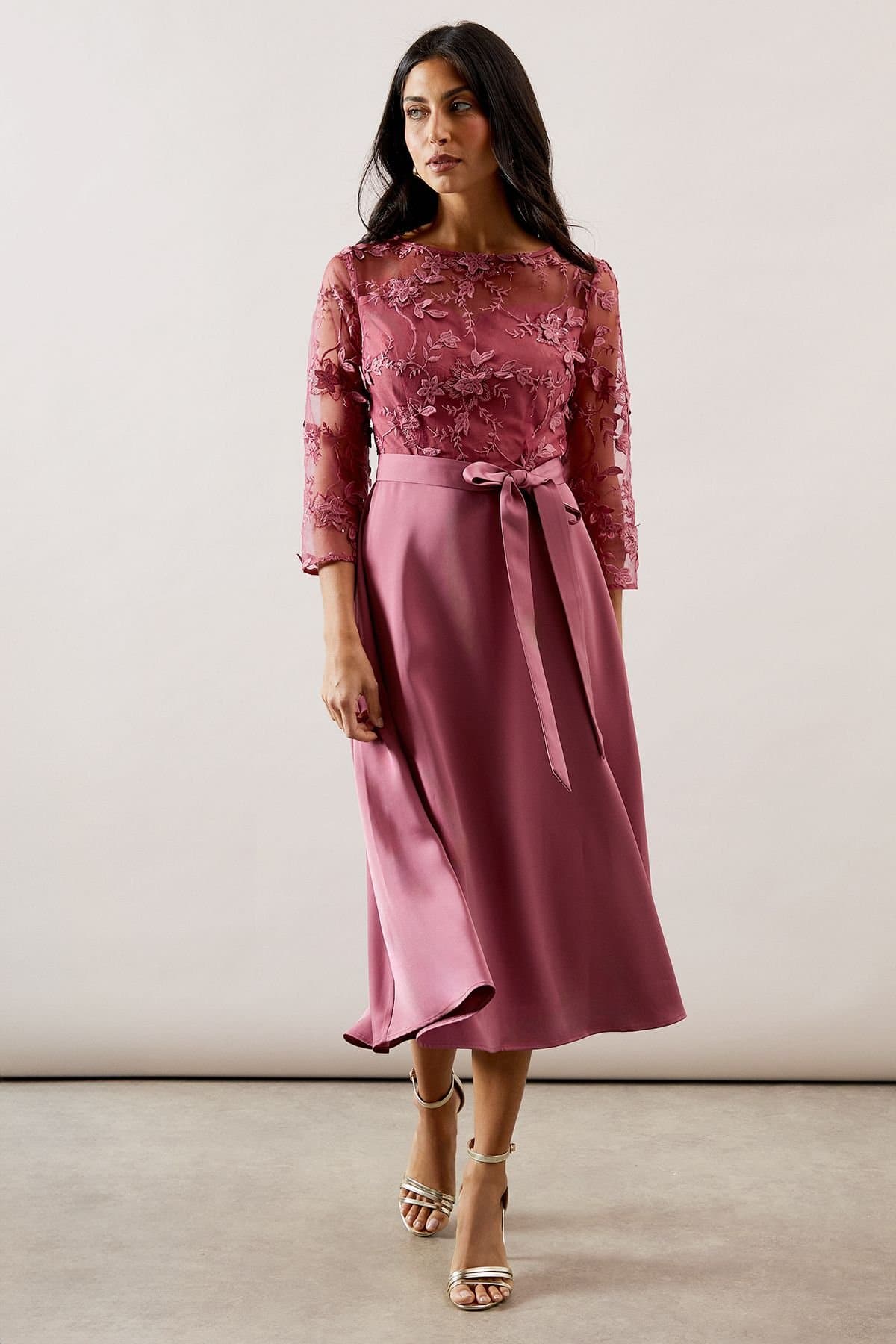 Wallis Wallis Women's Occasion Satin & Mesh Overlay Fit & Flare Dress in Rose