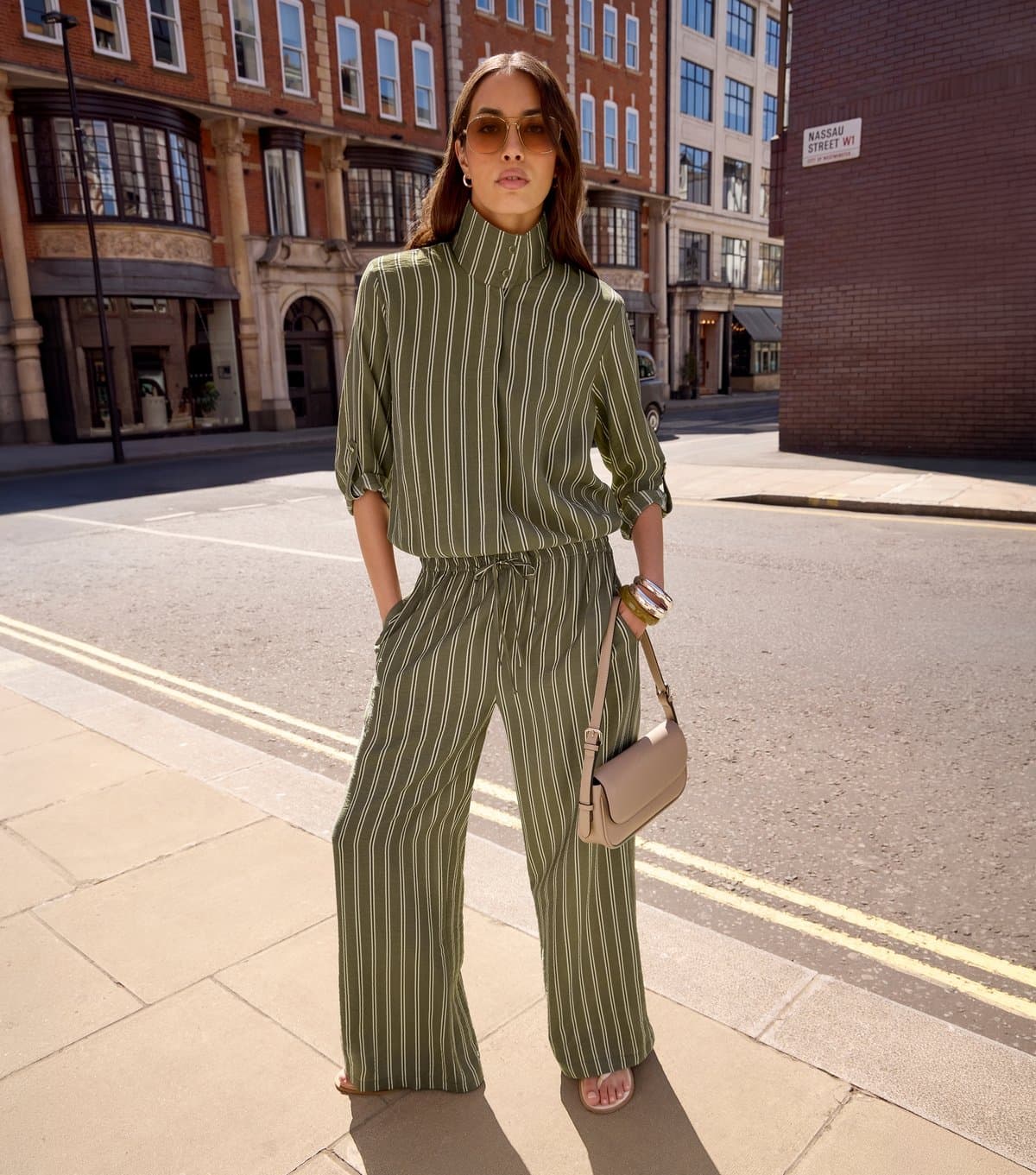 New Look Women's Green Striped High Neck Bubble Hem Shirt New Look