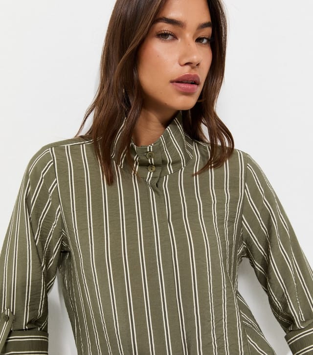 New Look Women's Green Striped High Neck Bubble Hem Shirt New Look - 2