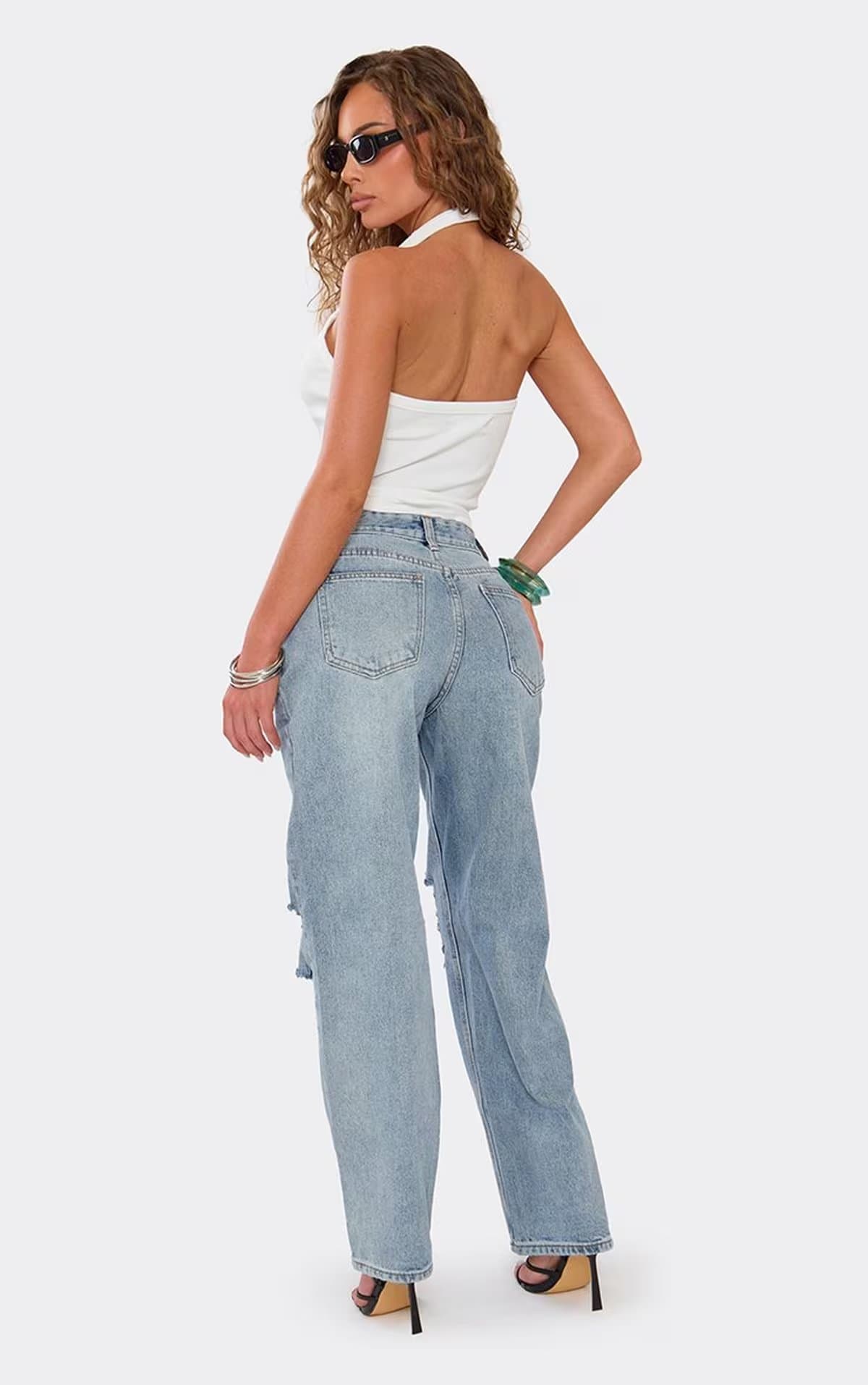 EGO Low Rise Distressed Detail Boyfriend Jeans In Blue Bleached Denim., Women's Size UK 4