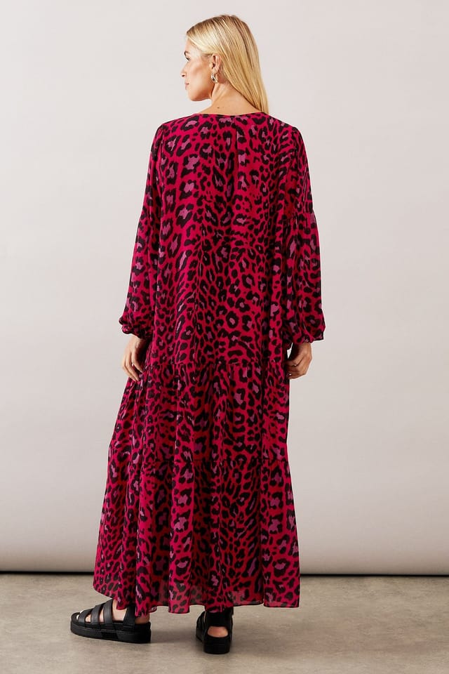 Wallis Wallis Women's Petite Leopard Tiered Smock Midaxi Dress in Berry - 3