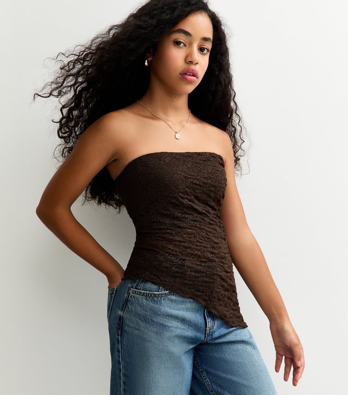 New Look Girls' Dark Brown Jersey Lace Asymmetric Bandeau Top New Look