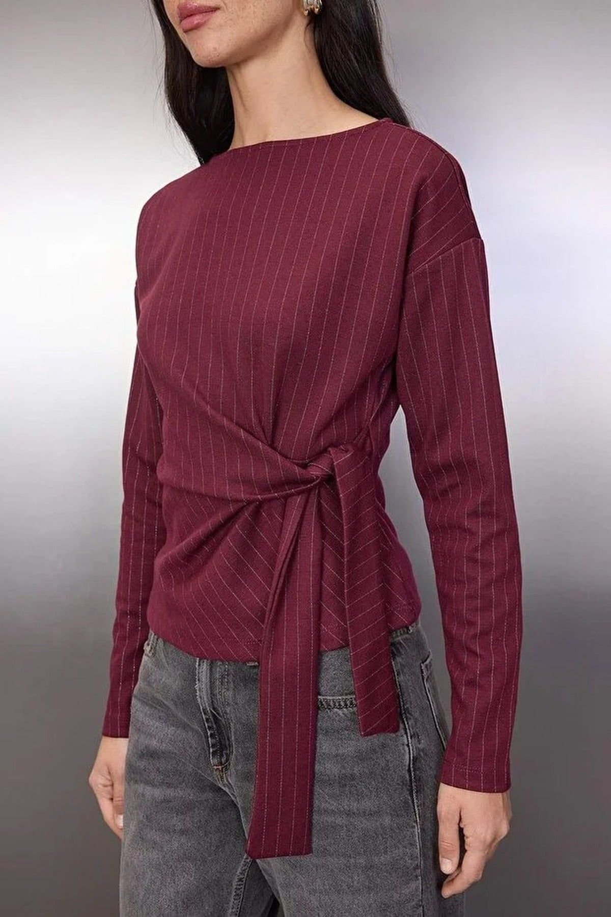 WOVCOR WOVCOR Women's Striped Boat Neck Long Sleeve Knit Blouse with Tie Detail in Burgundy - 2