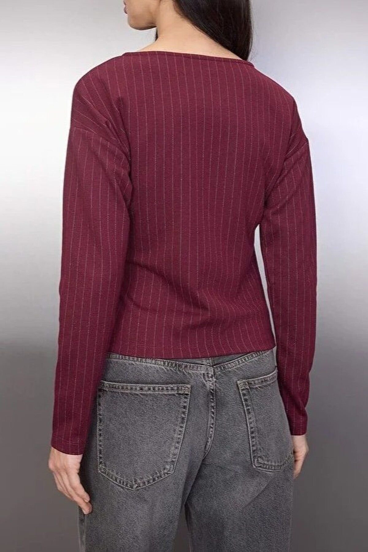 WOVCOR WOVCOR Women's Striped Boat Neck Long Sleeve Knit Blouse with Tie Detail in Burgundy - 3