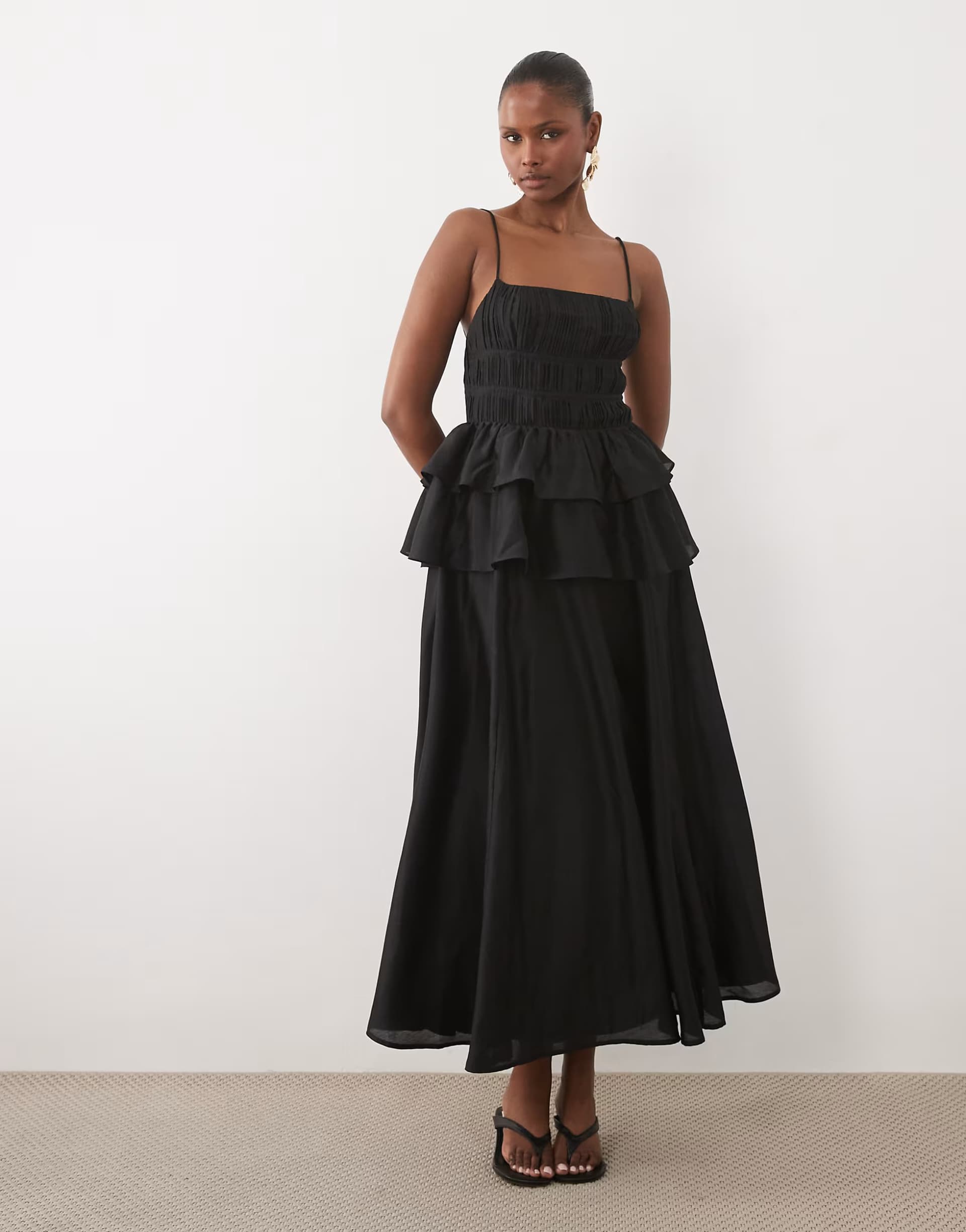 ASOS ASOS DESIGN pleated bodice maxi dress with tiered waist in black