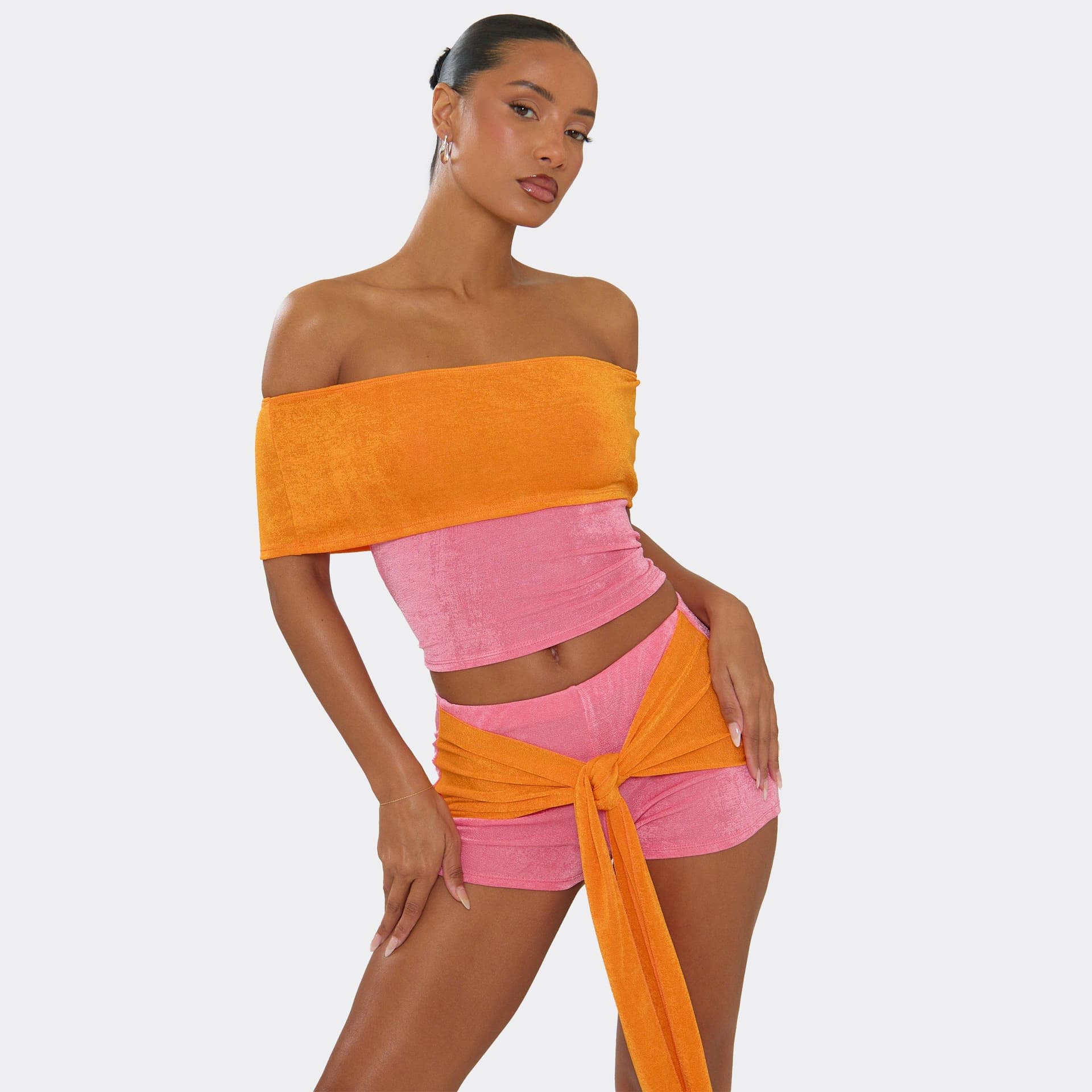 EGO EGO Pink Contrast Panel Off-Shoulder Top & Shorts Set