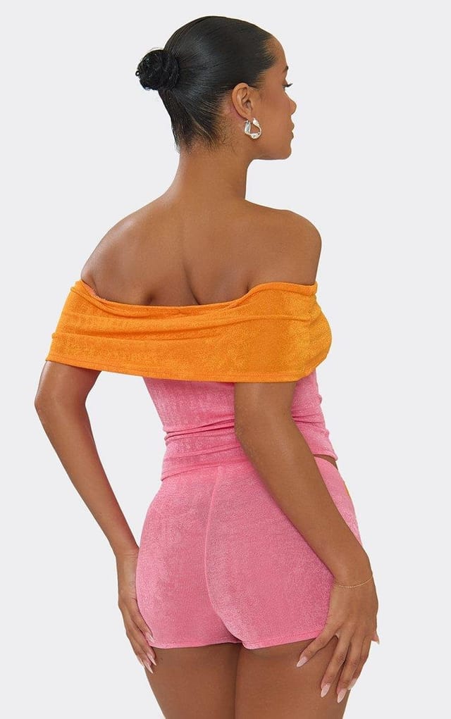 EGO Off The Shoulder Contrast Panel Top In Pink, Women's Size UK 6 - 2